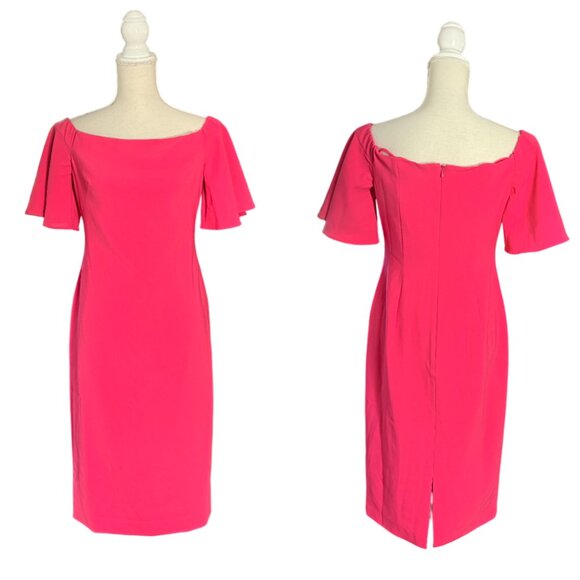 Theia Off The Shoulder Crepe Dress size 8 lipstick pink cocktail dress - Picture 3 of 11